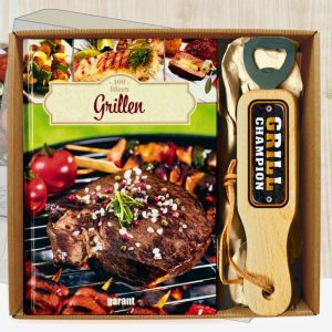 100 Grill Ideen Buch mit Holz Flaschenöffner Grill Champion im Geschenkeset Set für Grillfans Grillprofis