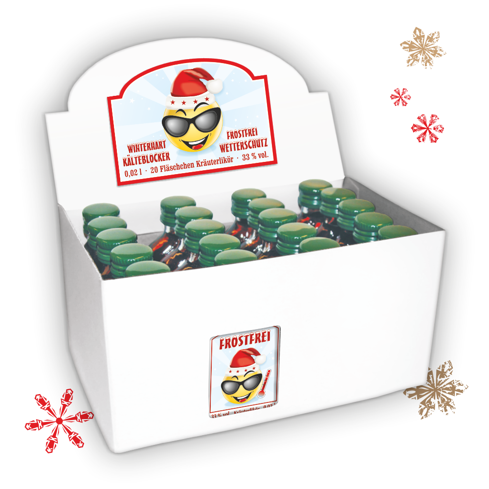 20er Box Kräuterlikör Display - Weihnachtsgrüße - zu Weihnachten 20 St kleine Schnäpse 2 cl 33% vol. alk. Schnäpse Spirituosen Frostfrei Wetterschutz Kälteblocker Winterhart Geschenke für Männer