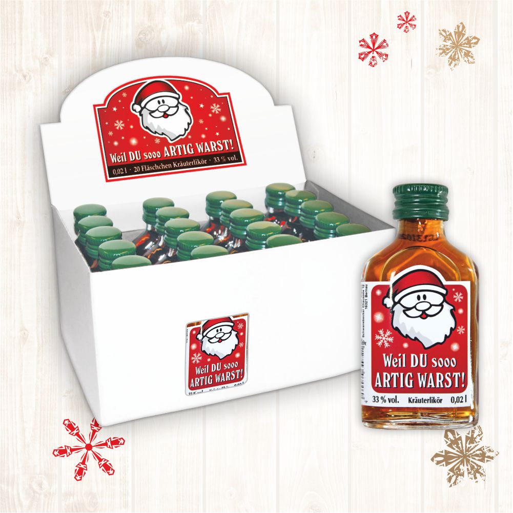 20er Box Kräuterlikör Display - Weil du artig warst - zu Weihnachten 20 St kleine Schnäpse Spirituosen 2 cl 33% vol. alk. Geschenke für Männer