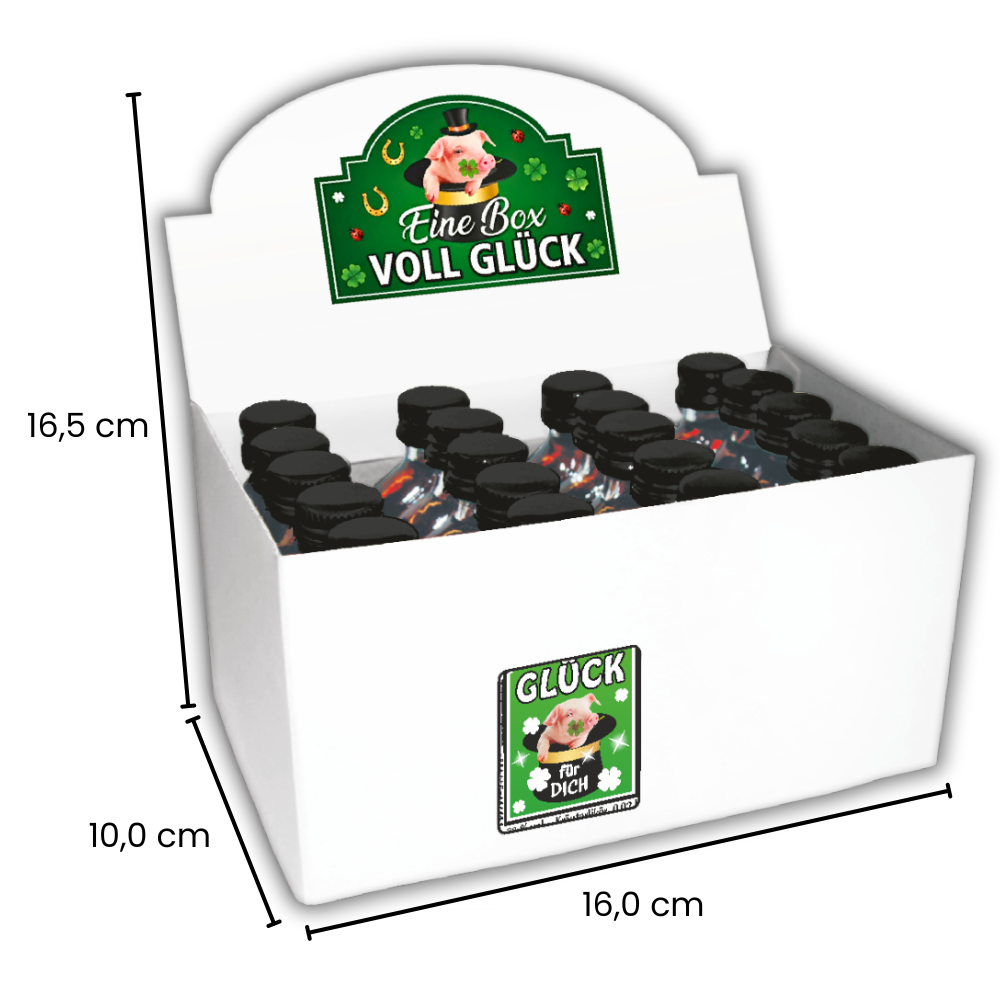 20er Likörbox Kräuterlikör – Mini Likör Set „Glück für dich“, 20x 2cl Geschenkbox mit 20 kleinen Likörflaschen – Origineller Glücksbringer als Geschenk für Männer und Frauen - Maße