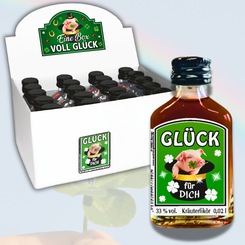 20er Likörbox Kräuterlikör – Mini Likör Set „Glück für dich“, 20x 2cl Geschenkbox mit 20 kleinen Likörflaschen – Origineller Glücksbringer als Geschenk für Männer und Frauen - mH
