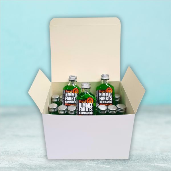 24er Box Pfefferminzlikör Display Himmelfahrtskommando als Vatertagsgeschenk 24 St kleine Schnäpse 2 cl 20% vol. alk. Geschenke für Männer zum Vatertag Männertag Box offen