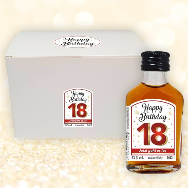 24er Box - Zum 18. Geburtstag, Jetzt gehts los - Kräuterlikör Happy Birthday Zahlengeschenk zum runden Geburtstag