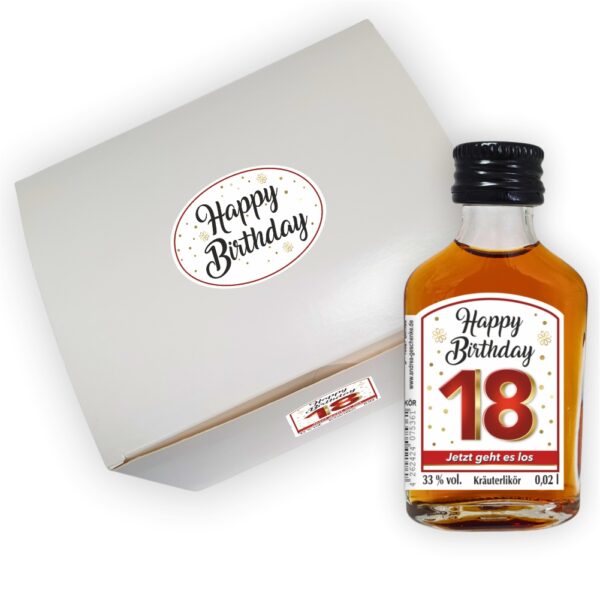 24er Box - Zum 18. Geburtstag, Jetzt gehts los - Kräuterlikör Happy Birthday Zahlengeschenk zum runden Geburtstag - Likörbox von oben