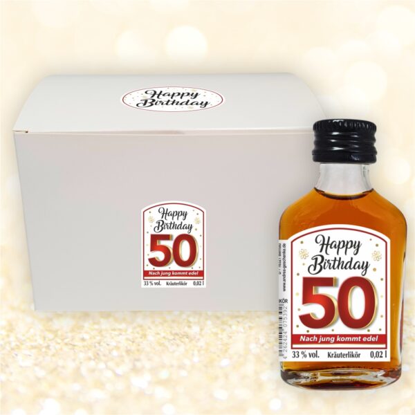 24er Box - Zum 50. Geburtstag, Nach jung kommt edel - Kräuterlikör Happy Birthday Zahlengeschenk zum runden Geburtstag