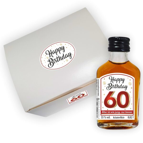 24er Box - Zum 60. Geburtstag, Älter ist wie jung nur besser - Kräuterlikör Happy Birthday Zahlengeschenk zum runden Geburtstag - Likörbox von oben