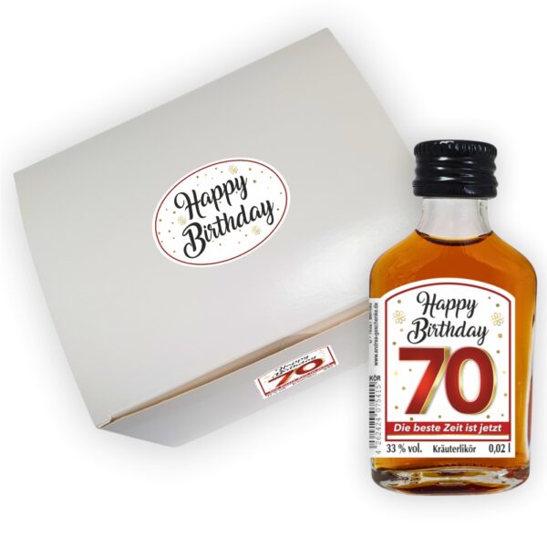 24er Box - Zum 70. Geburtstag, Die beste Zeit ist jetzt - Kräuterlikör Happy Birthday Zahlengeschenk zum runden Geburtstag - Likörbox von oben
