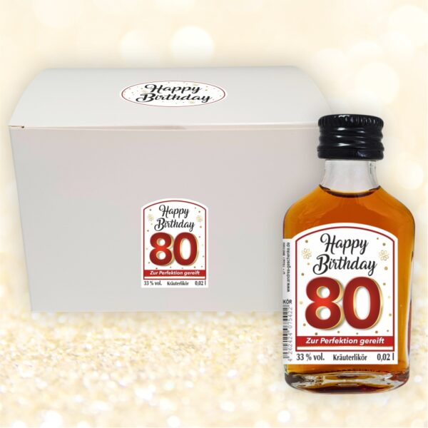 24er Box - Zum 80. Geburtstag, Zur Perfektion gereift - Kräuterlikör Happy Birthday Zahlengeschenk zum runden Geburtstag