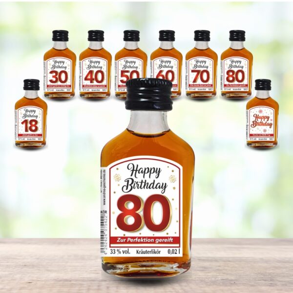24er Box - Zum 80. Geburtstag, Zur Perfektion gereift - Kräuterlikör Happy Birthday Zahlengeschenk zum runden Geburtstag - Likör