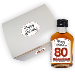 24er Box - Zum 80. Geburtstag, Zur Perfektion gereift - Kräuterlikör Happy Birthday Zahlengeschenk zum runden Geburtstag - Likörbox von oben