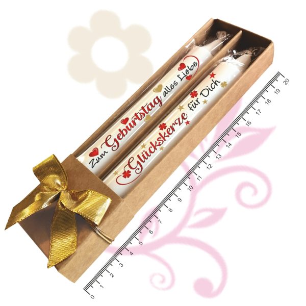 Set Geburtstagskerze Kerze 2er Set Kerzen Geburtstagskerzen – Glückwünsche in Geschenkverpackung mit Schleife Sprüche auf Spitzkerzen Stabkerzen mit Tattoofolie im Geschenkset Maße