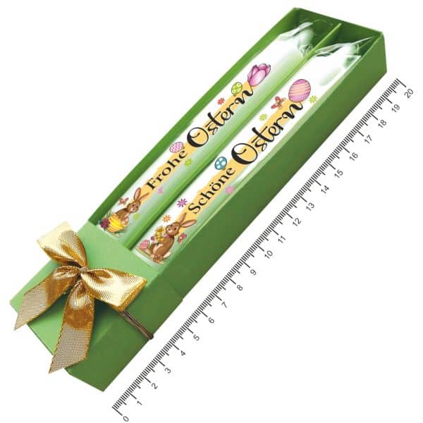 2er Set Kerzen zu Ostern - in Geschenkverpackung mit Schleife Sprüche auf Spitzkerzen Stabkerzen mit Tattoofolie im Geschenkset - Maße