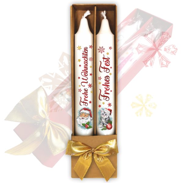 2er Set Weihnachtskerzen – Frohe Weihnachten & Frohes Fest - in Geschenkverpackung braun mit Schleife Sprüche auf Spitzkerzen Stabkerzen Kerzen mit Tattoofolie im Geschenkset