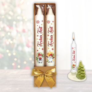 2er Set Weihnachtskerzen – Frohes Fest Wichtel -Weihnachtswichtel in Geschenkverpackung mit Schleife Sprüche auf Spitzkerzen Stabkerzen Kerzen mit Tattoofolie im Geschenkset