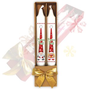 2er Set Weihnachtskerzen – Frohes Fest - zu Weihnachten Wichtelpaar - in Geschenkverpackung braun mit Schleife Sprüche auf Spitzkerzen Stabkerzen Kerzen mit Tattoofolie im Geschenkset