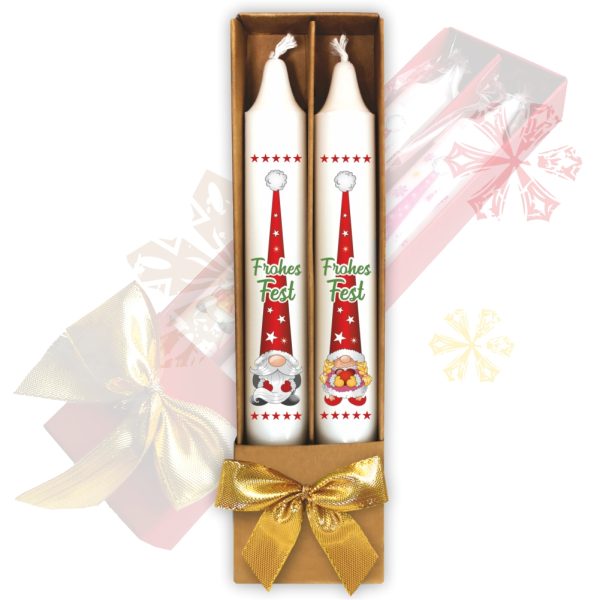 2er Set Weihnachtskerzen – Frohes Fest - zu Weihnachten Wichtelpaar - in Geschenkverpackung braun mit Schleife Sprüche auf Spitzkerzen Stabkerzen Kerzen mit Tattoofolie im Geschenkset
