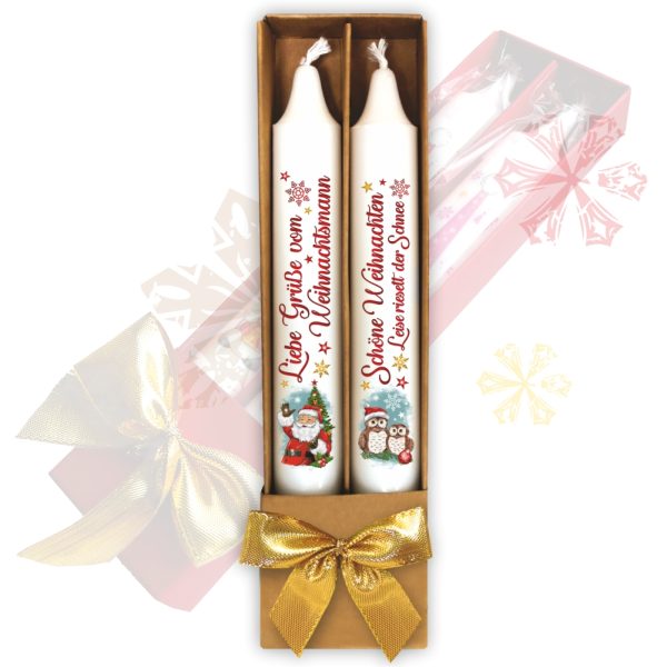 2er Set Weihnachtskerzen – Liebe Grüße vom Weihnachtsmann & Schöne Weihnachten - in Geschenkverpackung braun mit Schleife Sprüche auf Spitzkerzen Stabkerzen Kerzen mit Tattoofolie im Geschenkset Kerze Weihnachten Weihnachtsgrüße