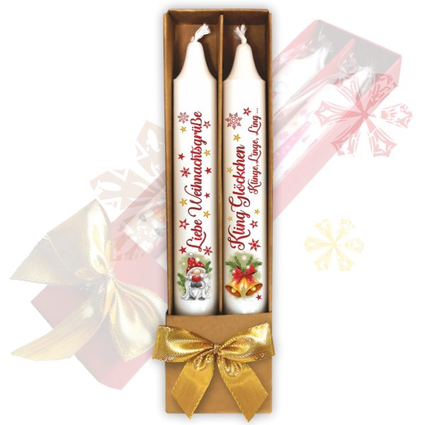 2er Set Weihnachtskerzen – Liebe Weihnachtsgrüße & Kling Glöckchen - in Geschenkverpackung braun mit Schleife Sprüche auf Spitzkerzen Stabkerzen Kerzen mit Tattoofolie im Geschenkset