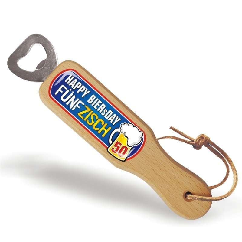 Holzflaschenöffner Happy Biersday zum 50. Geburtstag