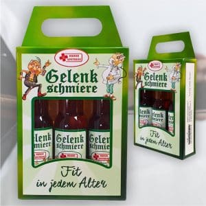 3er Box Kräuterlikör - Gelenkschmiere Fit in jedem Alter im Ruhestand - 3 x 0,02l 32% vol. alk. Geschenk zum Ruhestand für Rentner Opa Humorapotheke Spaßmedizin AV Andrea Verlag andrea-geschenke.de Box