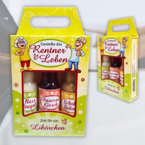 3er Box Likör - Genieße das Rentner Leben, Fit im Ruhestand - 3 x 2cl Nuss Nougat Amarena Schoko Sahne Geschenk zum Ruhestand für Rentner Opa Humorapotheke Spaßmedizin