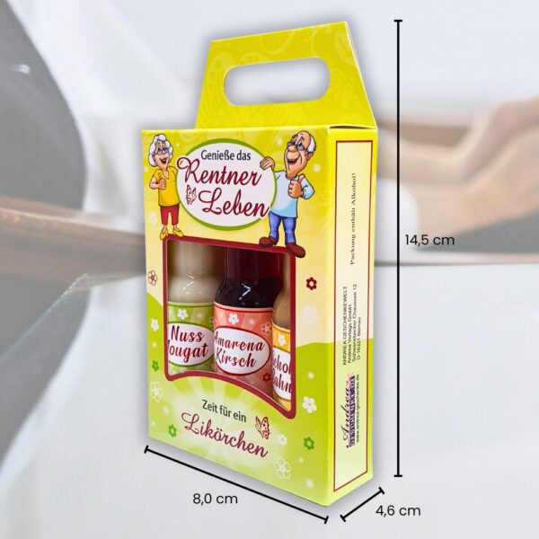 3er Box Likör - Genieße das Rentner Leben, Fit im Ruhestand - 3 x 2cl Nuss Nougat Amarena Schoko Sahne Geschenk zum Ruhestand für Rentner Opa Humorapotheke Spaßmedizin - Maße