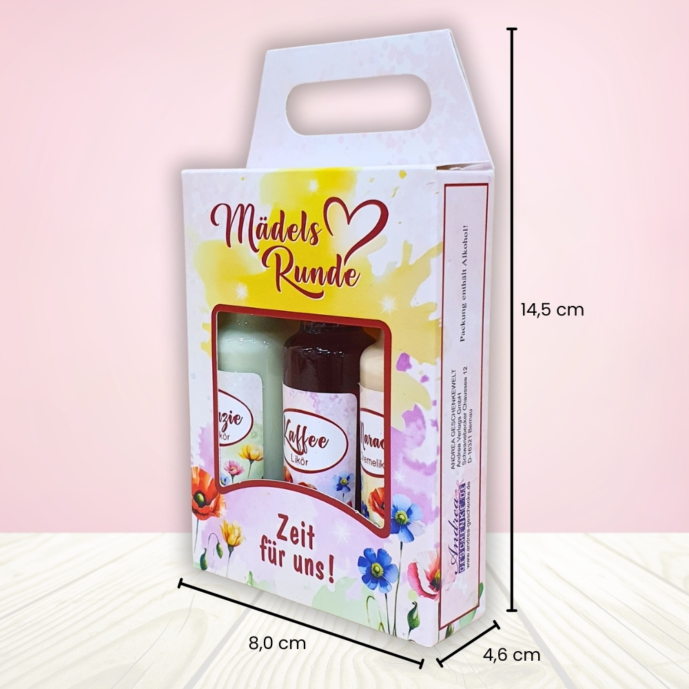 3er Box - Mädelsrunde - Kaffeelikör Maracuja-Creme Ristazie-Sahne Kleinigkeit Frauengeschenk Geschenkbox - Maße