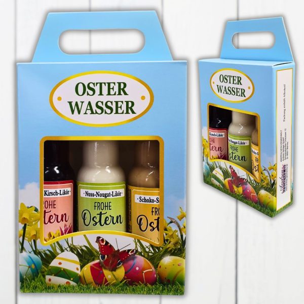 3er Box Osterliköre - Osterwasser, Frohe Ostern - Schoko Sahne Amarena Kirsch Nuss Nougat Likör Kleinigkeit zu Ostern Ostergeschenk in schöner Geschenkverpackung