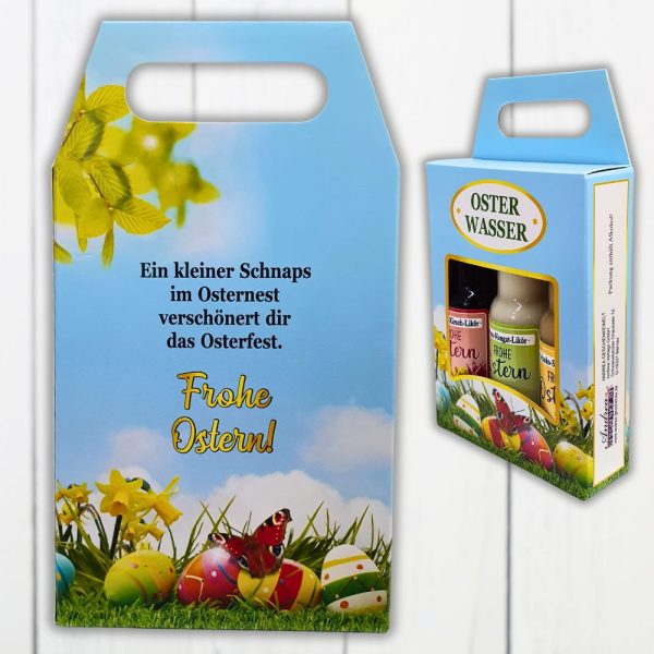 3er Box Osterliköre - Osterwasser, Frohe Ostern - Schoko Sahne Amarena Kirsch Nuss Nougat Likör Kleinigkeit zu Ostern Ostergeschenk in schöner Geschenkverpackung - Rückseite