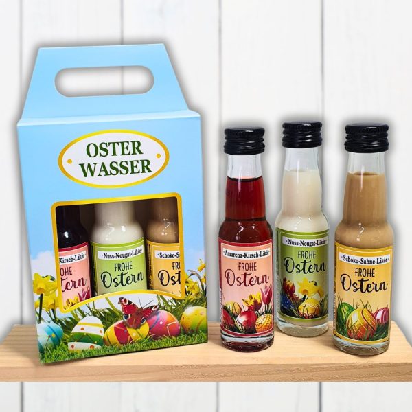 3er Box Osterliköre - Osterwasser, Frohe Ostern - Schoko Sahne Amarena Kirsch Nuss Nougat Likör Kleinigkeit zu Ostern Ostergeschenk in schöner Geschenkverpackung - mit den Likören