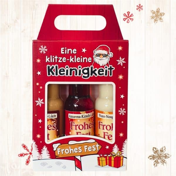 3er Box Weihnachtsliköre - Eine klitzekleine Kleinigkeit - Nuss Nougat Amarena Kirsch Schoko Sahne Bratapfel Glühwein Likör zu Weihnachten - Front