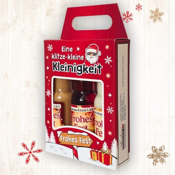 3er Box Weihnachtsliköre - Eine klitzekleine Kleinigkeit - Nuss Nougat Amarena Kirsch Schoko Sahne Bratapfel Glühwein Likör zu Weihnachten - schräg