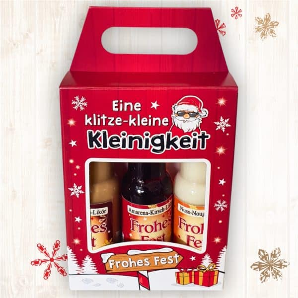 3er Box Weihnachtsliköre - Eine klitzekleine Kleinigkeit - Nuss Nougat Amarena Kirsch Schoko Sahne Bratapfel Glühwein Likör zu Weihnachten - von oben