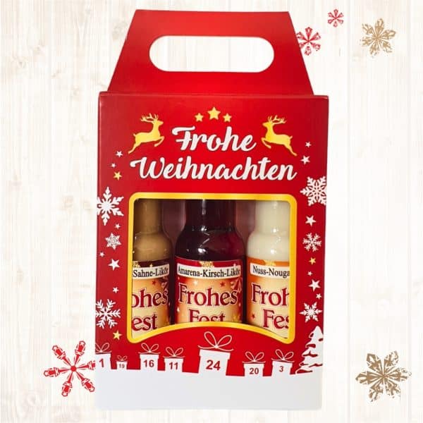 3er Box Weihnachtsliköre - Frohe Weihnachten - Nuss Nougat Amarena Kirsch Schoko Sahne Bratapfel Glühwein Likör zu Weihnachten - Front