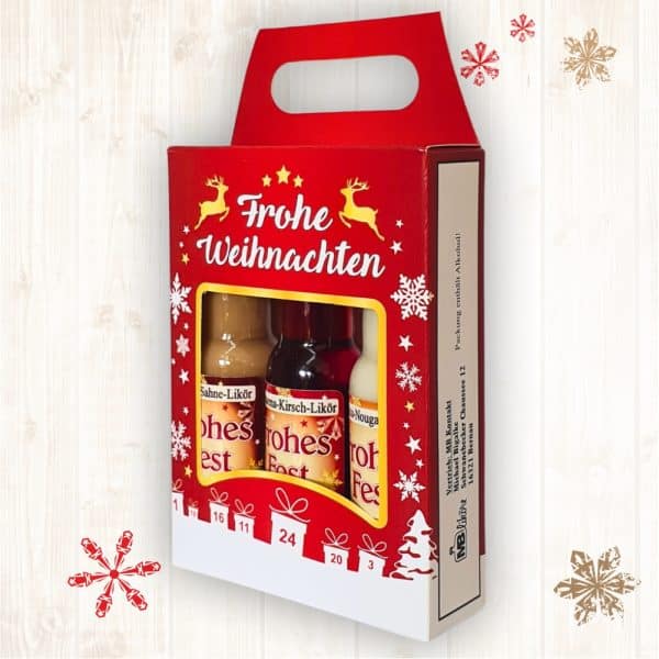 3er Box Weihnachtsliköre - Frohe Weihnachten - Nuss Nougat Amarena Kirsch Schoko Sahne Bratapfel Glühwein Likör zu Weihnachten - schräg