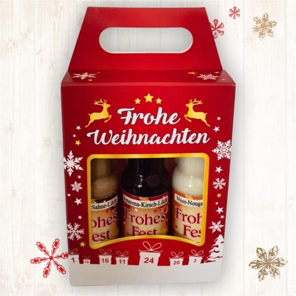 3er Box Weihnachtsliköre - Frohe Weihnachten - Nuss Nougat Amarena Kirsch Schoko Sahne Bratapfel Glühwein Likör zu Weihnachten - von oben