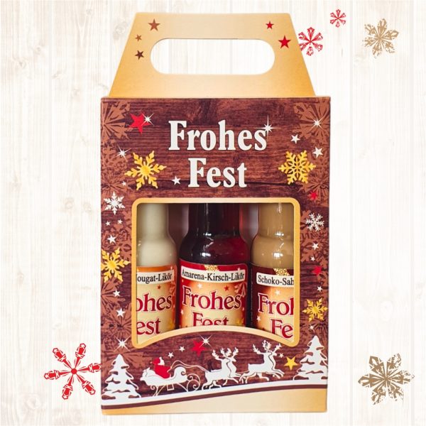3er Box Weihnachtsliköre Frohes Fest Nuss Nougat Amarena Kirsch Schoko Sahne Bratapfel Glühwein Likör zu Weihnachten - Front