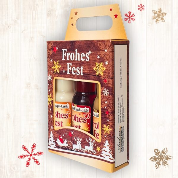 3er Box Weihnachtsliköre Frohes Fest Nuss Nougat Amarena Kirsch Schoko Sahne Bratapfel Glühwein Likör zu Weihnachten - schräg