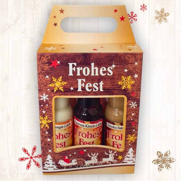 3er Box Weihnachtsliköre Frohes Fest Nuss Nougat Amarena Kirsch Schoko Sahne Bratapfel Glühwein Likör zu Weihnachten - von oben