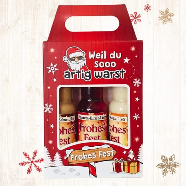 3er Box Weihnachtsliköre - Weil du so artig warst - Nuss Nougat Amarena Kirsch Schoko Sahne Bratapfel Glühwein Likör zu Weihnachten - Front