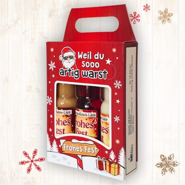 3er Box Weihnachtsliköre - Weil du so artig warst - Nuss Nougat Amarena Kirsch Schoko Sahne Bratapfel Glühwein Likör zu Weihnachten - schräg