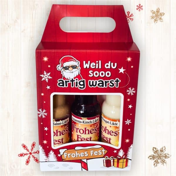 3er Box Weihnachtsliköre - Weil du so artig warst - Nuss Nougat Amarena Kirsch Schoko Sahne Bratapfel Glühwein Likör zu Weihnachten - von oben