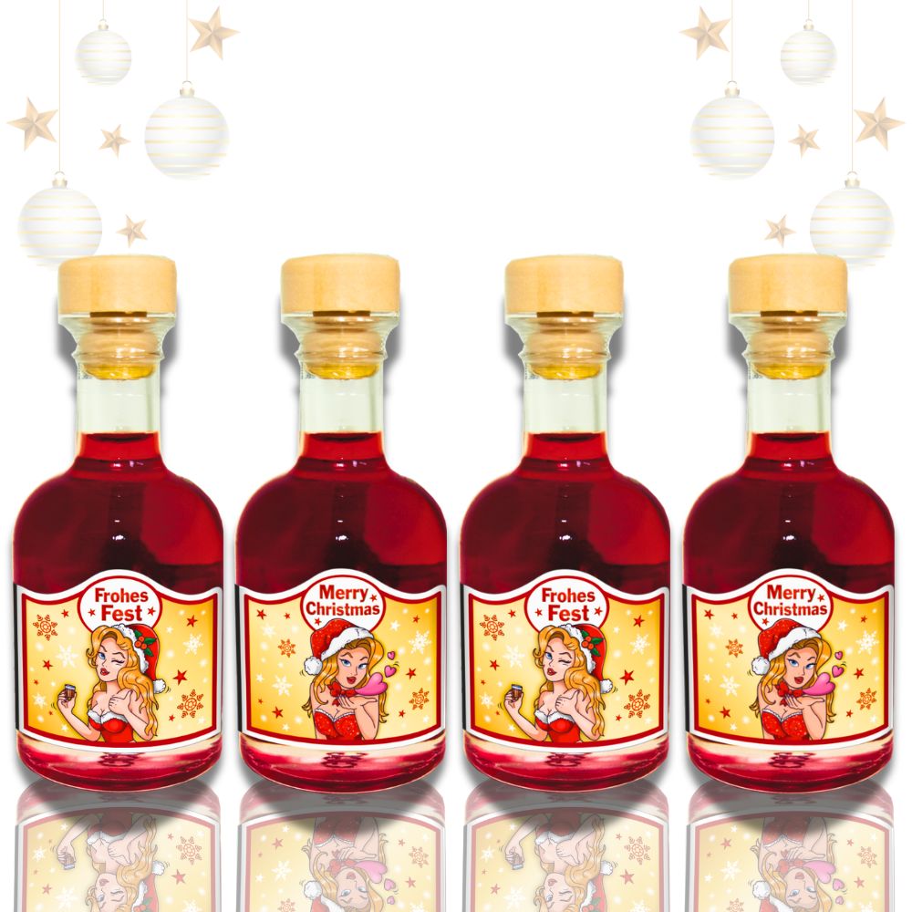 4er Set Mini Apotheker Weihnachtsliköre - Frohes Fest, merry Christmas Amarena Kirschlikör - 33% vol. als Geschenk Kleinigkeit zu Weihnachten Humor Apotheke Spaßmedizin Humormedizin