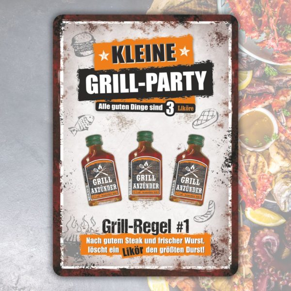 A4 Glückwunschkarte Karte Kleine Grillparty, Grillregel Nr. 1 mit Schnaps Likör Kräuterlikör Grill Anzünder Grillanzünder für Männer zum Geburtstag Männergeschenk