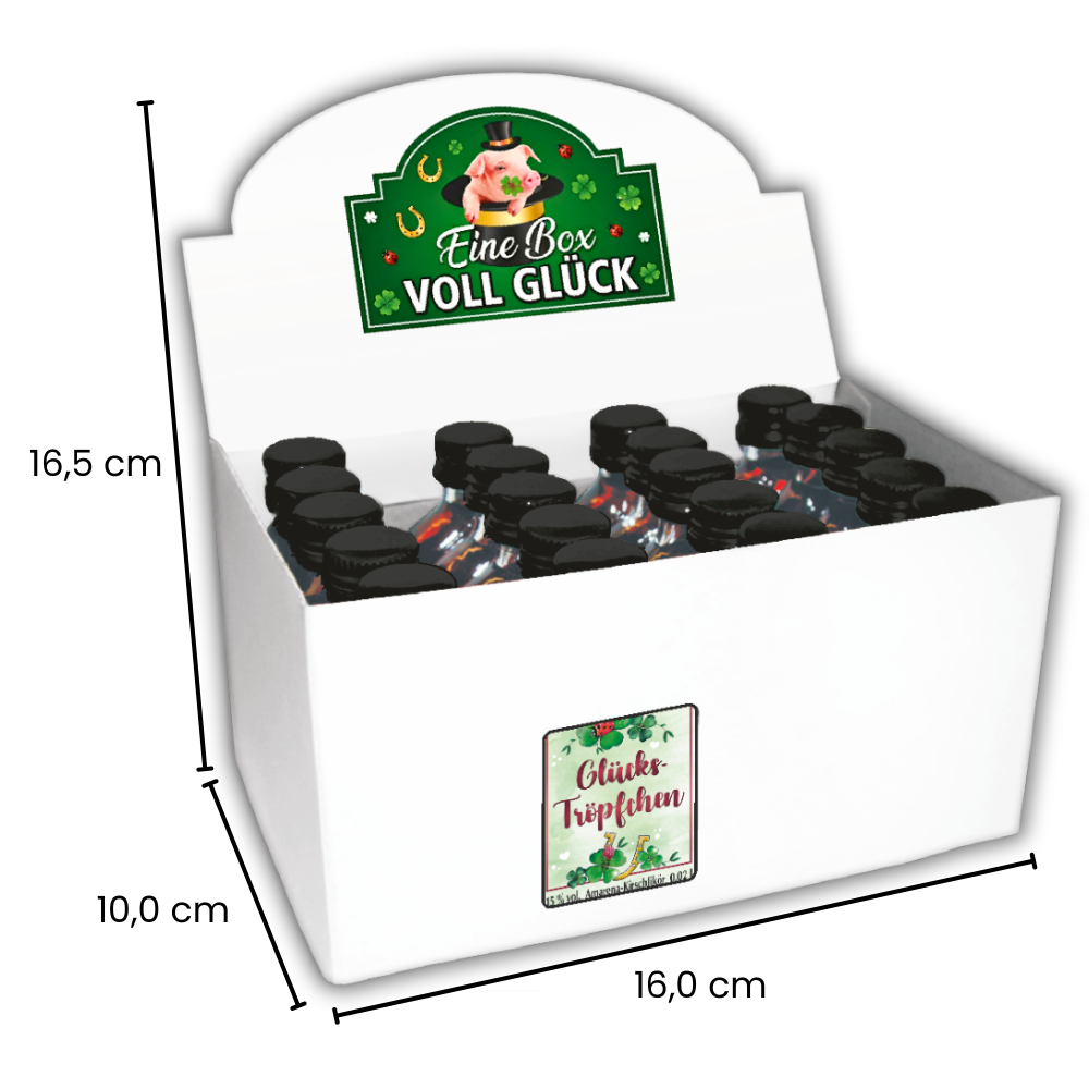 Amarena Kirschlikör Geschenkbox mit 20 kleinen Likörflaschen – Origineller Glücksbringer als Geschenk für Frauen und Männer – Mini Fruchtlikör Set „Glückströpfchen“, 20x 2cl - Maße