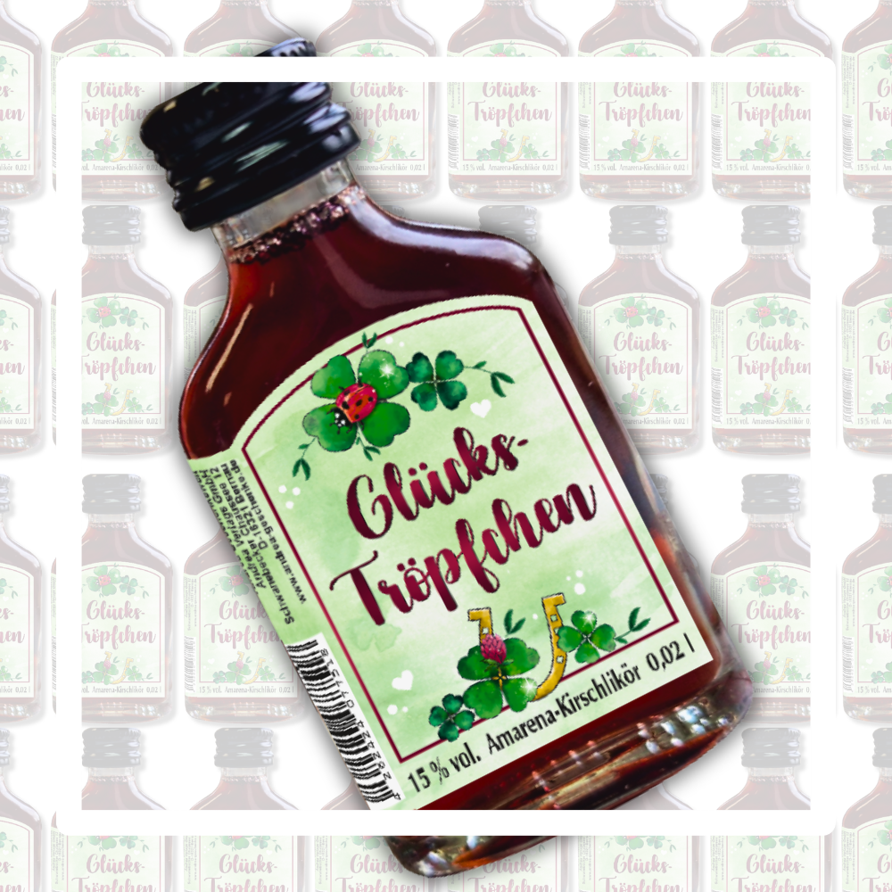Amarena Kirschlikör Geschenkbox mit 20 kleinen Likörflaschen – Origineller Glücksbringer als Geschenk für Frauen und Männer – Mini Fruchtlikör Set „Glückströpfchen“, 20x 2cl - Schnaps