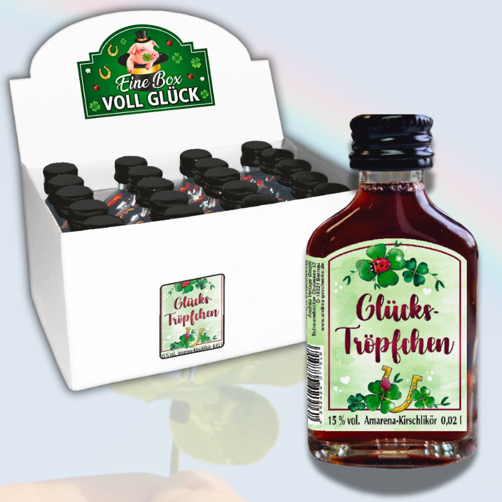 Amarena Kirschlikör Geschenkbox mit 20 kleinen Likörflaschen – Origineller Glücksbringer als Geschenk für Frauen und Männer – Mini Fruchtlikör Set „Glückströpfchen“, 20x 2cl - mH