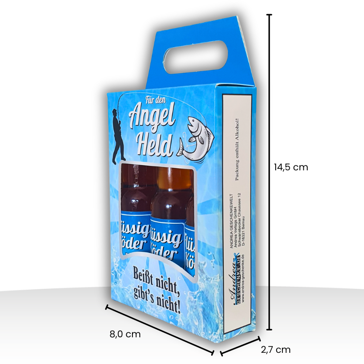 Angler Geschenk Dreier Kräuterlikör Box Flüssigköder – Lustiges Geschenke für Angler Set zum Geburtstag & Vatertag – Likörbox Männergeschenk mit 3x 0,02L Mini-Flaschen Kräuter-Likör 33% vol. - Maße