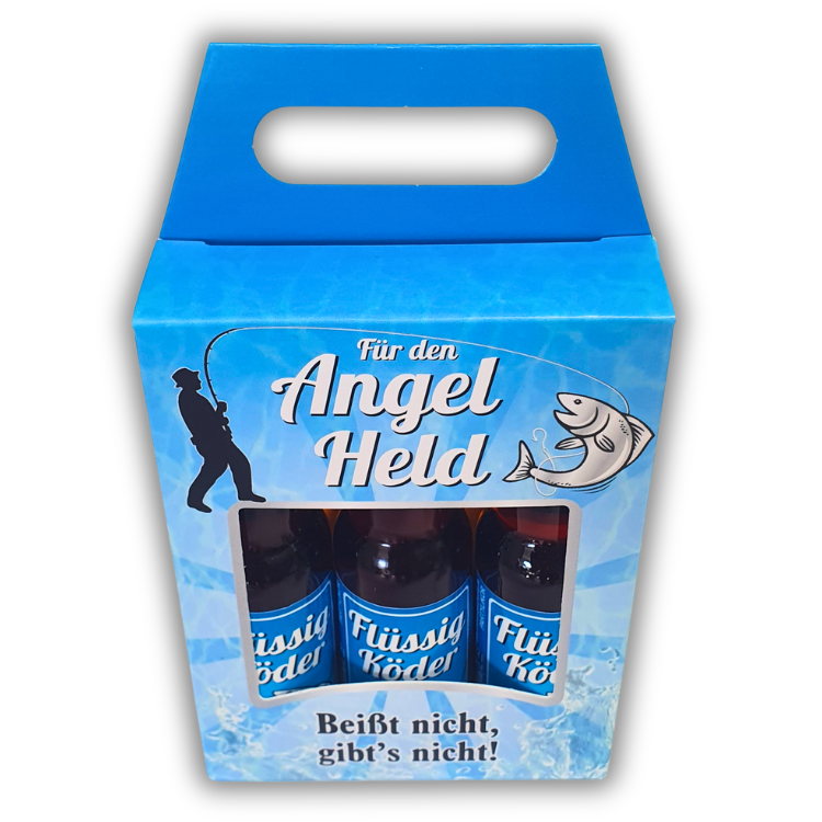 Angler Geschenk Dreier Kräuterlikör Box Flüssigköder – Lustiges Geschenke für Angler Set zum Geburtstag & Vatertag – Likörbox Männergeschenk mit 3x 0,02L Mini-Flaschen Kräuter-Likör 33% vol. - Oben