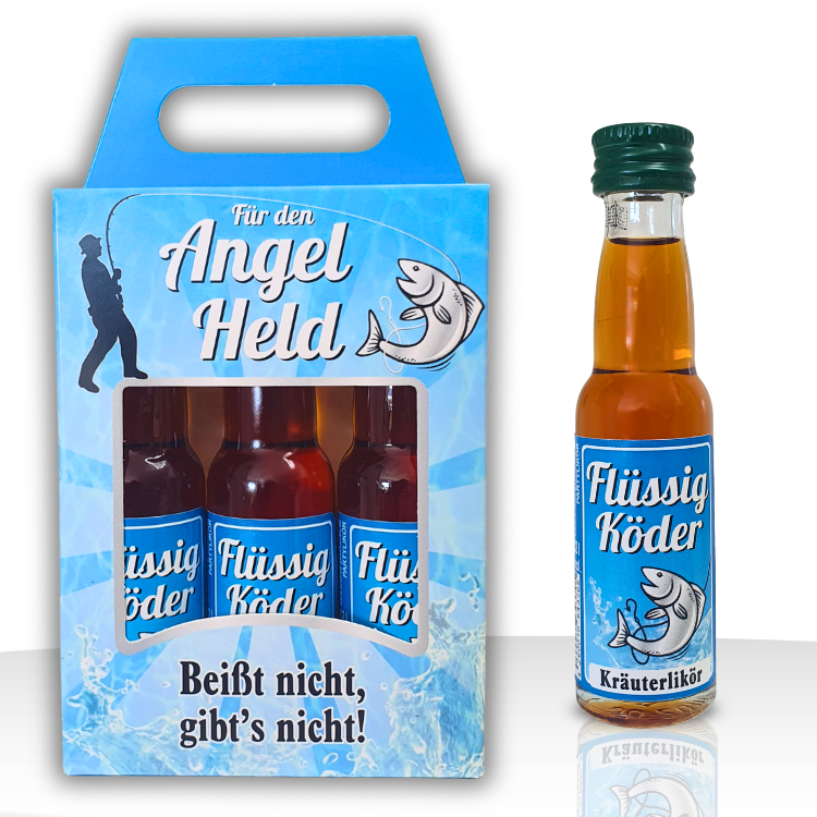 Angler Geschenk Dreier Kräuterlikör Box Flüssigköder – Lustiges Geschenke für Angler Set zum Geburtstag & Vatertag – Likörbox Männergeschenk mit 3x 0,02L Mini-Flaschen Kräuter-Likör 33% vol.